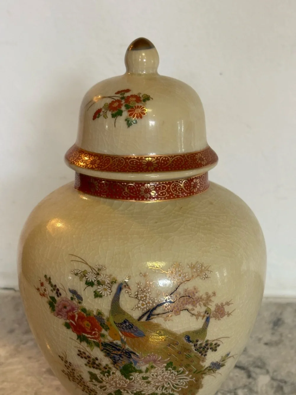 Sathuma Japan Lidded Ceramic Jar in Cream with Red Gold Accents Birds Floral